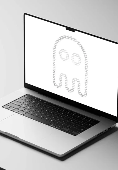 mockup pour le pole développement web avec le logo de l'entreprise version codé sur un écran d'ordinateur