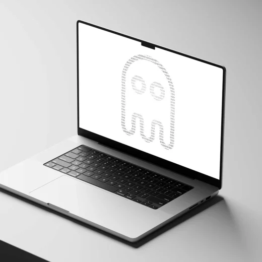 mockup pour le pole développement web avec le logo de l'entreprise version codé sur un écran d'ordinateur